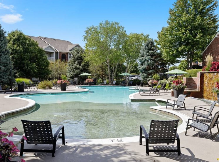 Refreshing Swimming Pool with Relaxing Poolside Patio at Cambridge Square Apartments, Overland Park, KS 66211